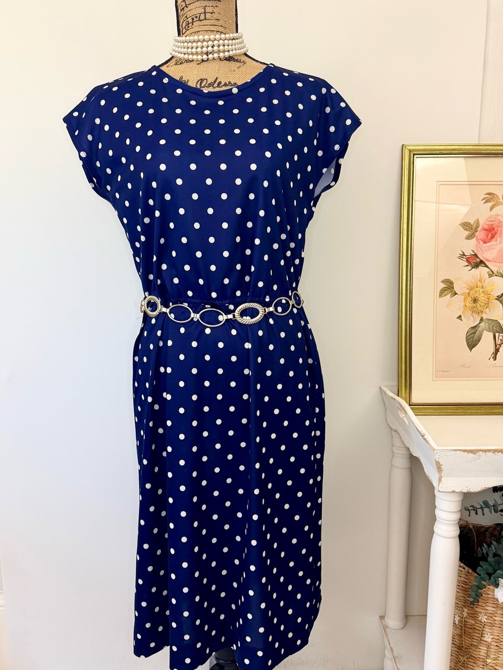 Vintage Blue & White Polka Dot Midi Dress Sz 10